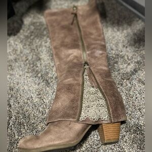 Brown Knee-High Boots with Lace Detail